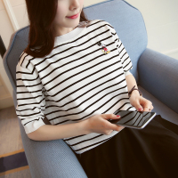 2016春夏韩版女装新款中袖条纹卡通薄款宽松针织衫毛衣女