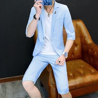 夏季薄款中袖七分袖西服套装男七分裤潮韩版青少年发型师夜店外套