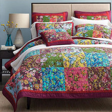 简约现代三件套绗缝被床盖套件活性印染艺术花卉纯棉新品手工被