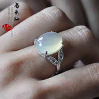 石头仙 正品纯银天然冰种白玉髓鸽子蛋戒指 镶钻白水晶宝石指环