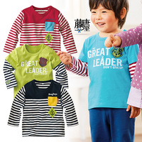 日本N系列春秋男童中小童天竺纯棉口袋贴布条纹拼接假两件长袖T恤