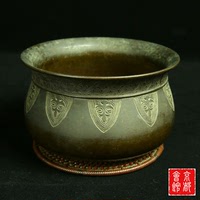 日本回流茶道具茶器老建水 纯铜水盂茶渣桶 青铜饕餮纹高冈铜器