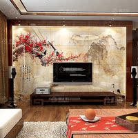 电视背景墙瓷砖微晶石中式客厅3d立体大理石纹雕刻影视墙山水梅花