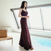 韩国2016夏季V领莫代尔棉吊带连衣裙后绑带针织长裙