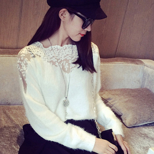 2016蘑菇美丽潮秋季新款韩国套头圆领蕾丝拼接长袖针织打底衫上衣