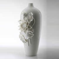 【铭品尚家】高档雕荷花陶瓷白色花瓶/现代时尚工艺品摆件/大