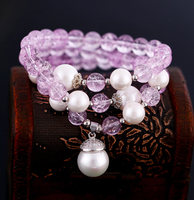 韩版时尚天然水晶手串 天然爆裂紫水晶贝壳珍珠微镶锆石串珠手链