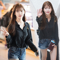 IU李智恩明星机场街拍同款秋季韩版黑色长袖秋装翻领衬衫上衣女