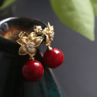 日韩手工设计 质朴清欢 红色贝珠纯银针耳环耳钉耳饰