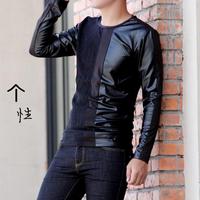 男士个性拼接打底新款时尚韩版男式潮男t恤pu皮修身长袖型衫