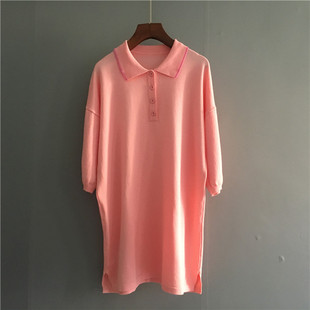2017新款韩版宽松纯色冰丝短袖粉色夏季学生Polo领减龄T恤短裙女