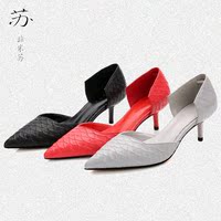 韩版春夏新款尖头中跟单鞋中空包头低跟蛇纹细跟5cm女士高跟凉鞋