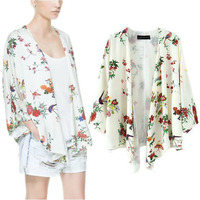 欧美风2015春夏新款女装开衫 ebay小鸟花朵印花蝙蝠袖和服外套女