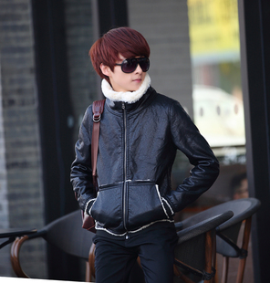 男士个性加绒皮衣青少年学生修身短款保暖外套韩版pu皮夹克潮冬装