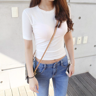 韩版短款露肚脐T恤女白色圆领中袖修身纯棉打底衫上衣女秋装体恤