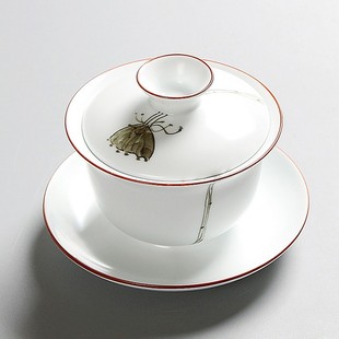 手绘盖碗陶瓷三才碗功夫茶具零配盖碗敬茶杯茶备泡茶器莲蓬三才杯