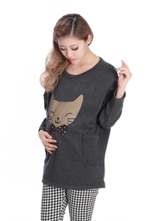 秋冬新款韩版孕妇装笑脸猫咪印花长袖长款加厚加绒孕妇卫衣T恤衫