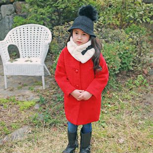 韩国童装圣诞冬装女童红色呢大衣夹棉毛呢外套儿童韩版中长款大衣