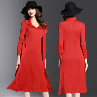 欧美秋冬款打底裙翻领长袖修身褶皱假两件红色连衣裙中长款压褶裙